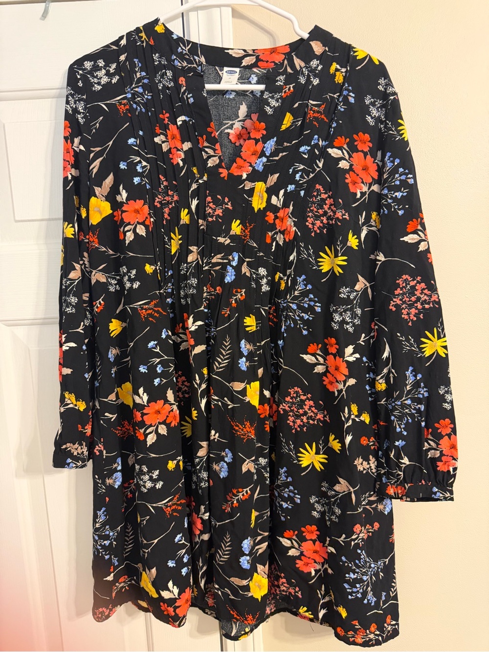 Women’s Black Floral Long-Sleeve Dress with Bright Multi-Color Bloom